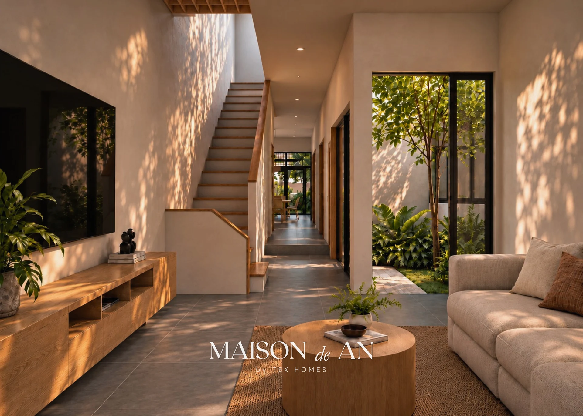 Phối cảnh 3D phòng khách Maison de An với cầu thang và cửa nhìn ra sân.