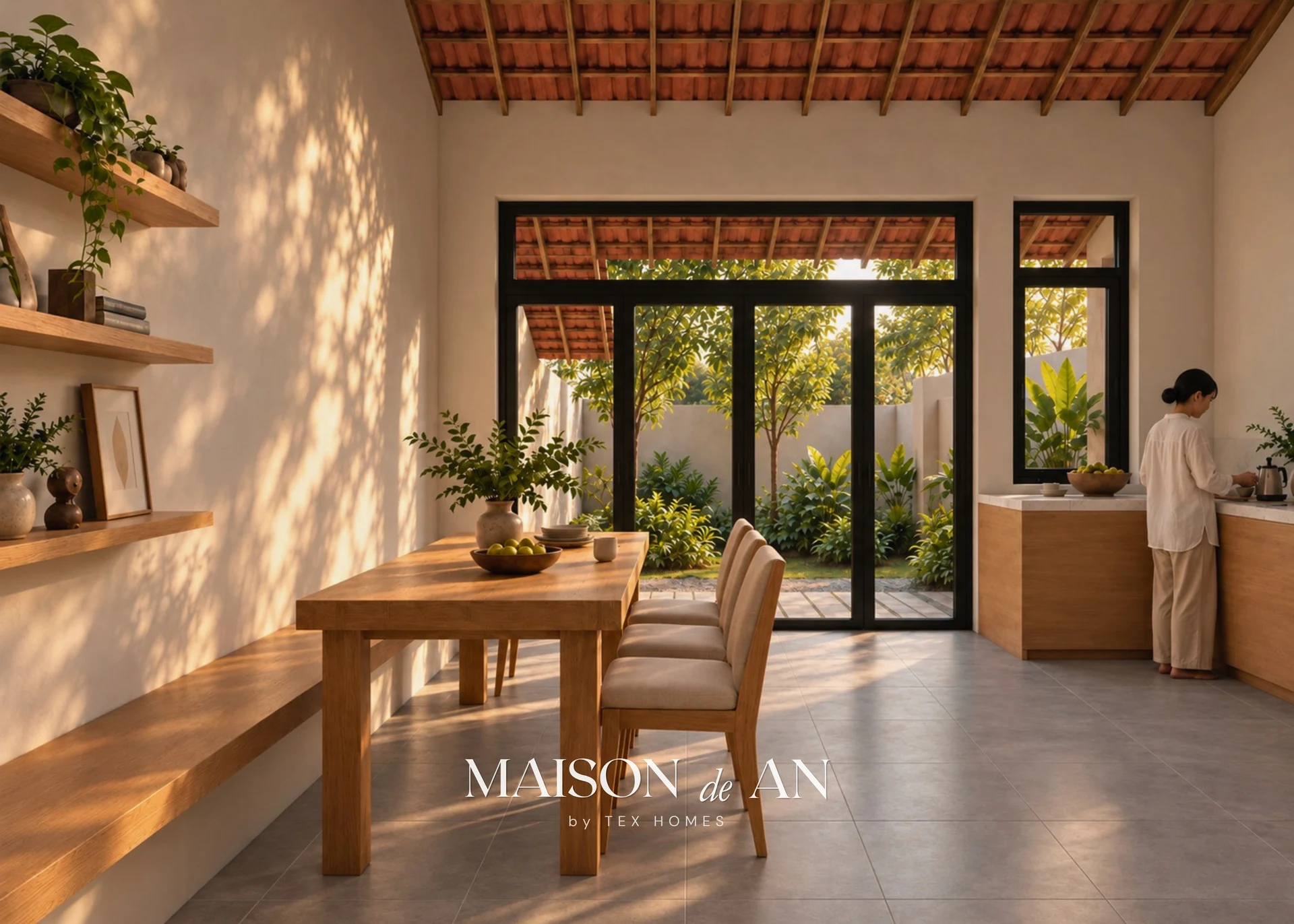 Phối cảnh 3D khu vực bàn ăn, bếp và cửa mở ra sân vườn Maison de An.