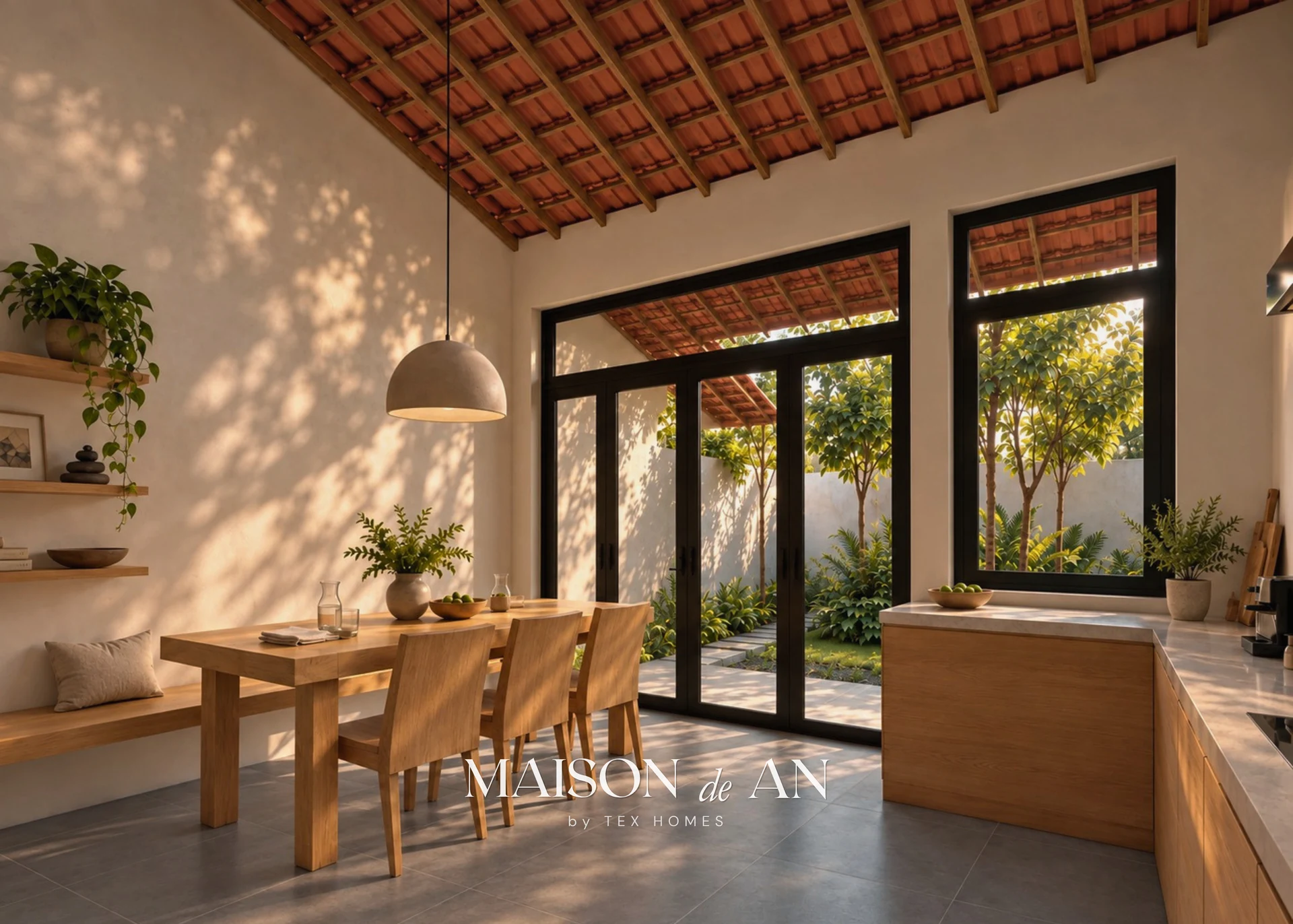 Phối cảnh 3D phòng ăn và khu bếp Maison de An với trần mái ngói.