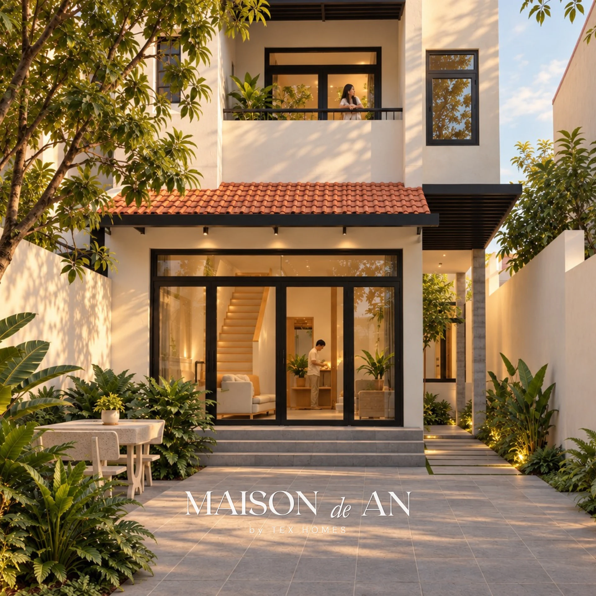 Phối cảnh 3D khu vực sân trước và cửa ra vào của Maison de An.