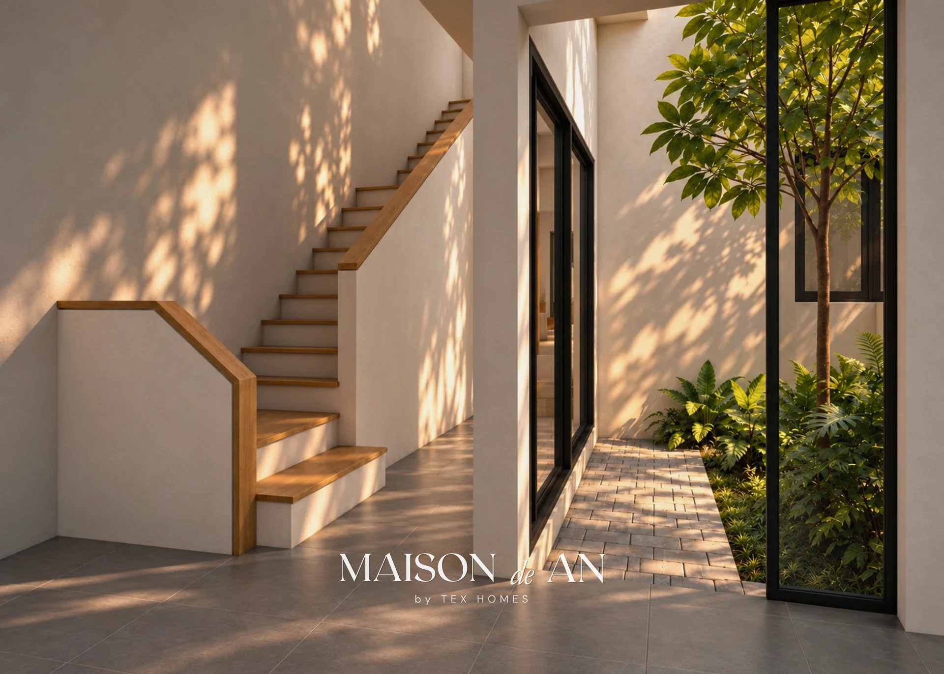 Phối cảnh 3D cầu thang cạnh cửa kính nhìn ra không gian xanh Maison de An.