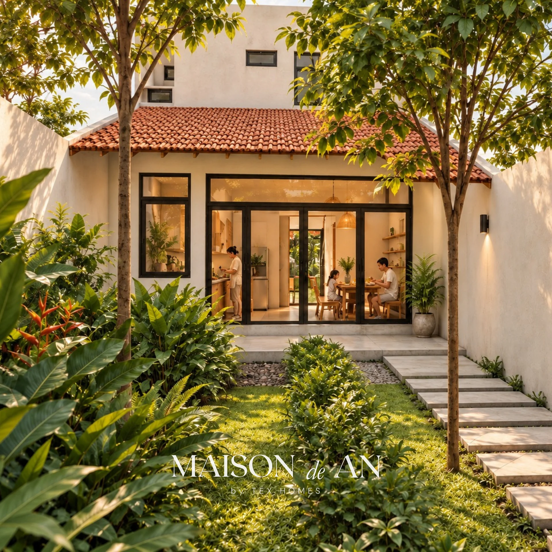 Phối cảnh 3D sân vườn với cây xanh trước không gian nhà Maison de An.