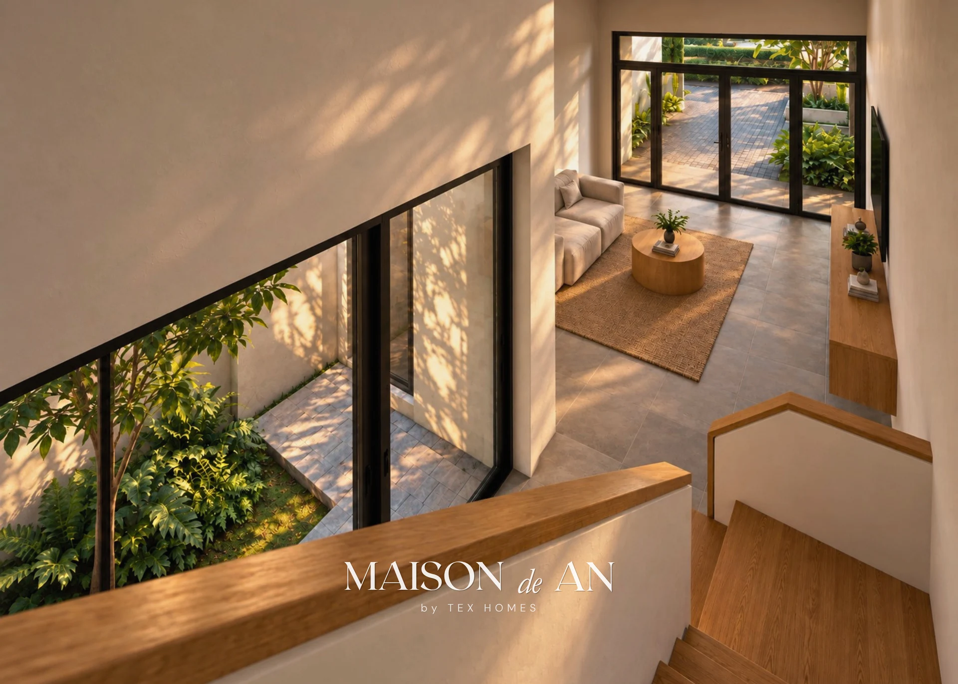 Phối cảnh 3D góc nhìn từ cầu thang xuống không gian sinh hoạt Maison de An.