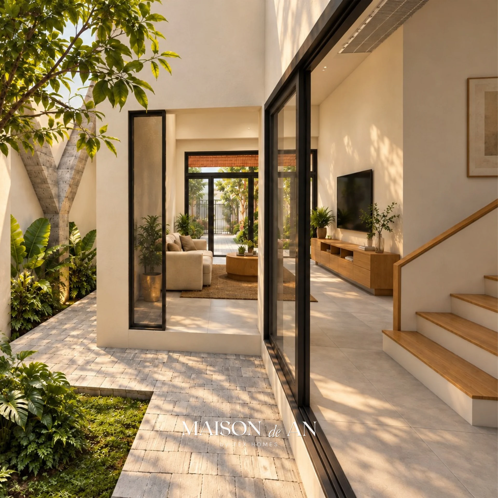 Phối cảnh 3D lối đi sân vườn dọc cửa kính Maison de An.