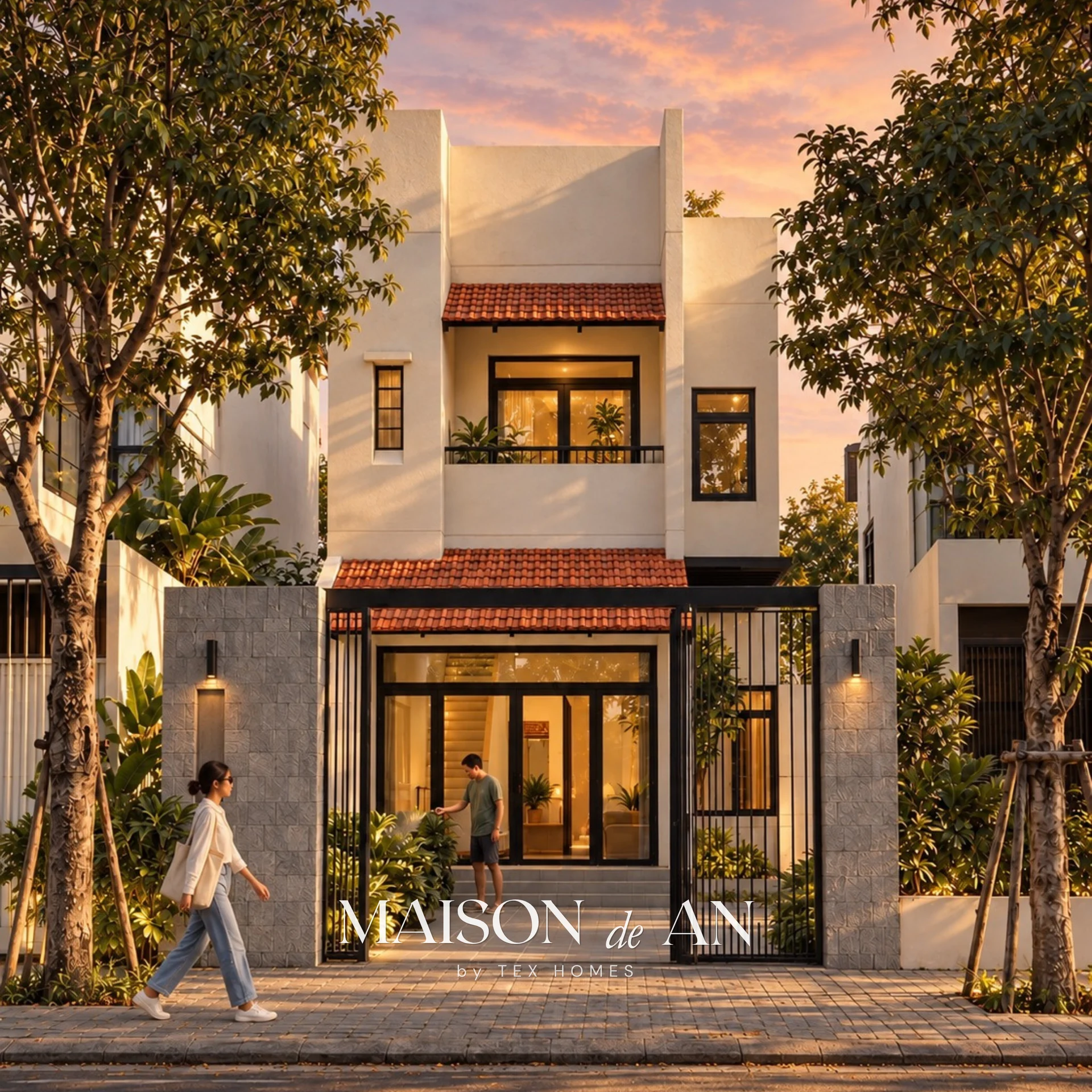 Phối cảnh 3D mặt tiền Maison de An với mái ngói, cây xanh và cửa kính.